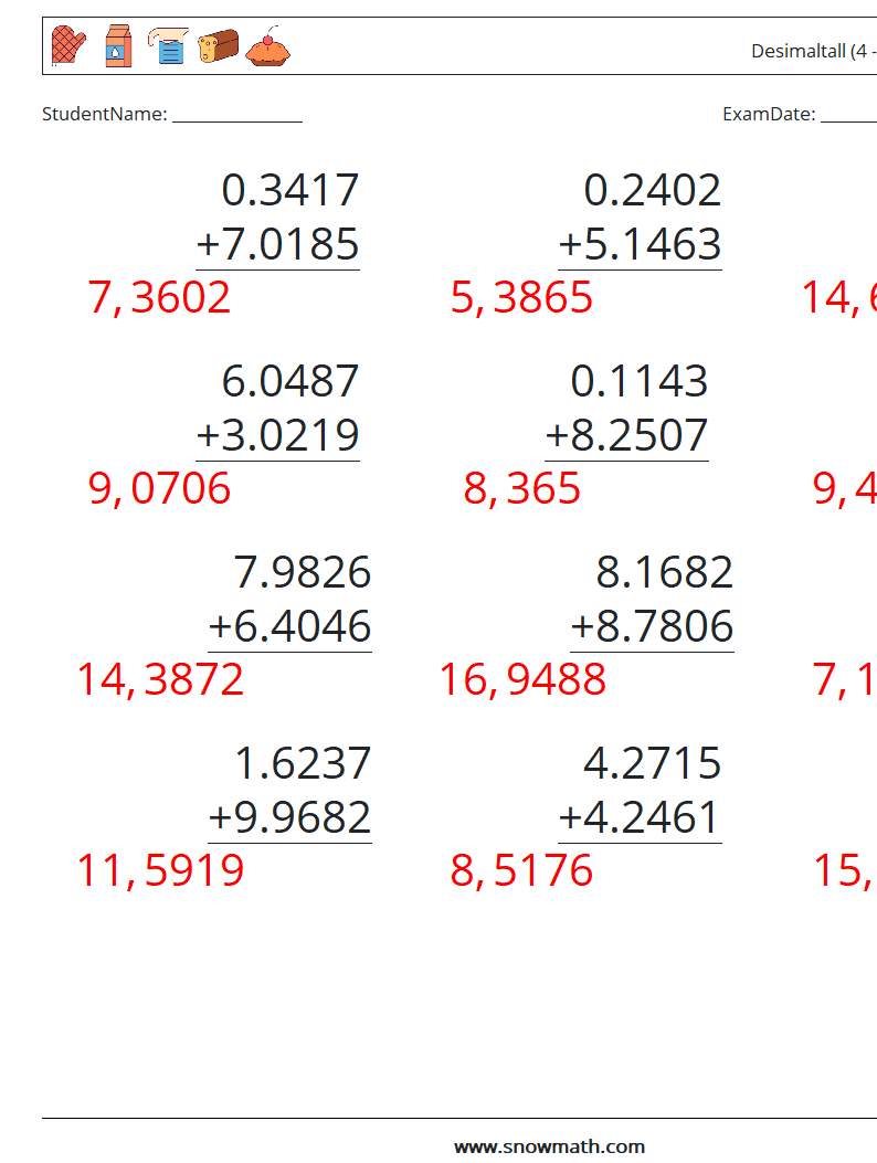 (12) Desimaltall (4 -sifret) MathWorksheets 13 QuestionAnswer