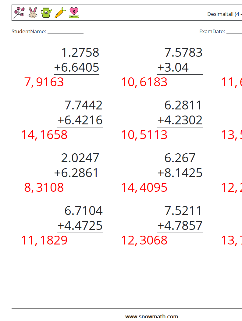 (12) Desimaltall (4 -sifret) MathWorksheets 14 QuestionAnswer