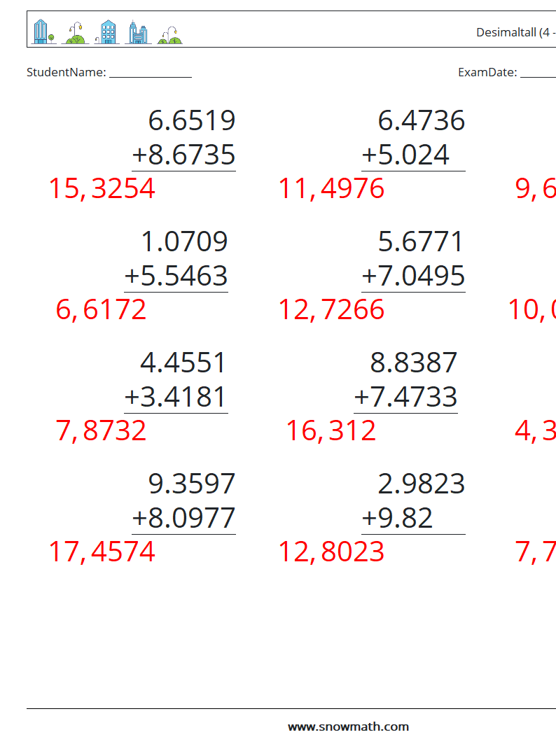 (12) Desimaltall (4 -sifret) MathWorksheets 17 QuestionAnswer