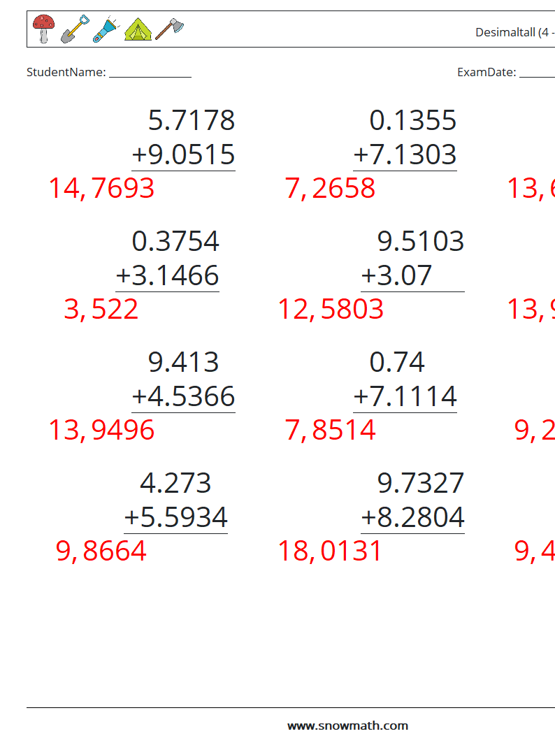 (12) Desimaltall (4 -sifret) MathWorksheets 18 QuestionAnswer