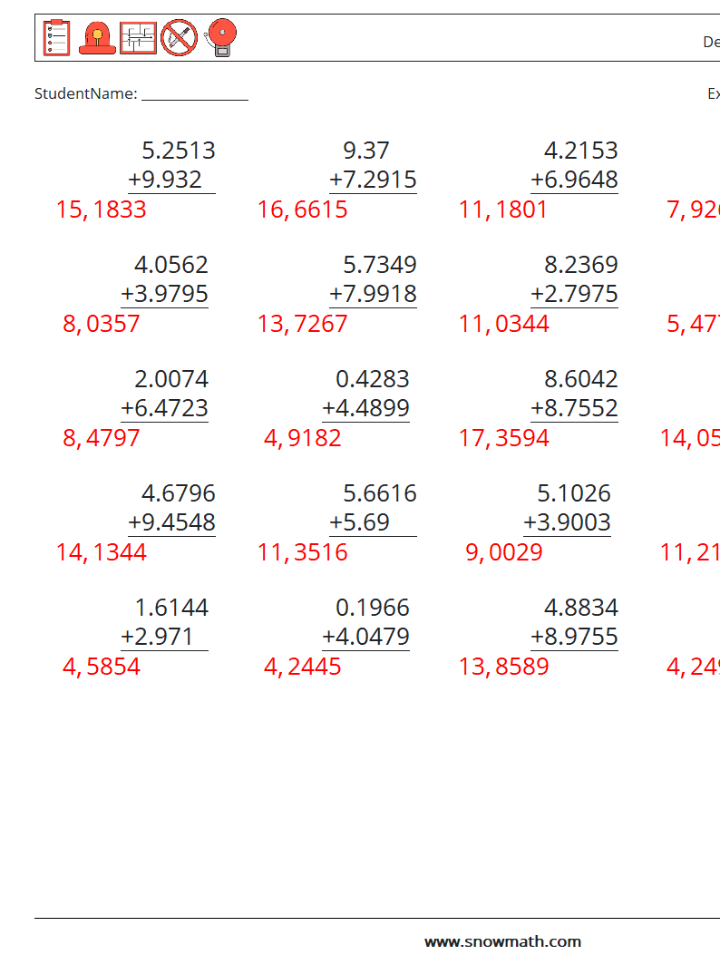 (25) Desimaltall (4 -sifret) MathWorksheets 12 QuestionAnswer