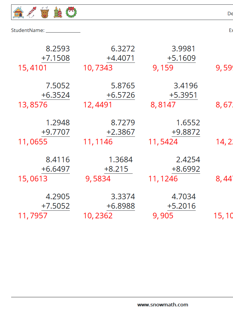 (25) Desimaltall (4 -sifret) MathWorksheets 17 QuestionAnswer