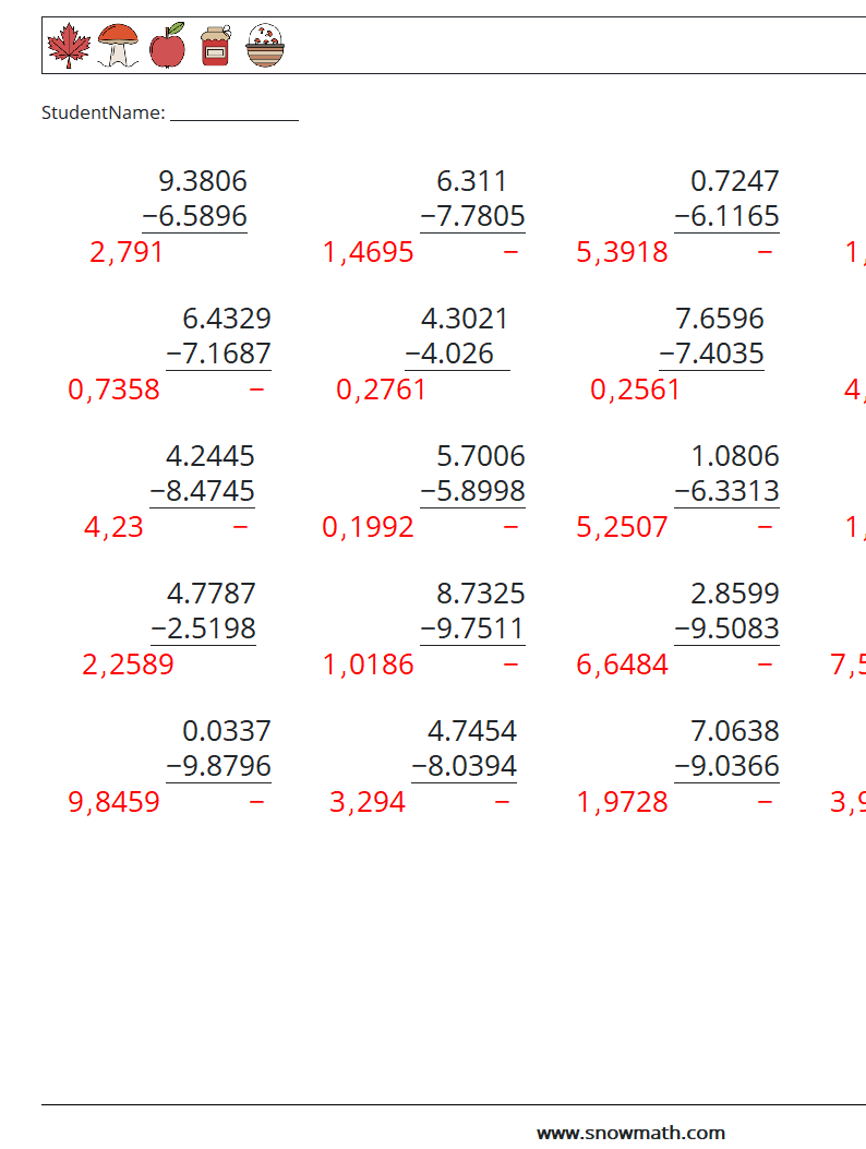 (25) Desimaltrekk (4 siffer) MathWorksheets 10 QuestionAnswer