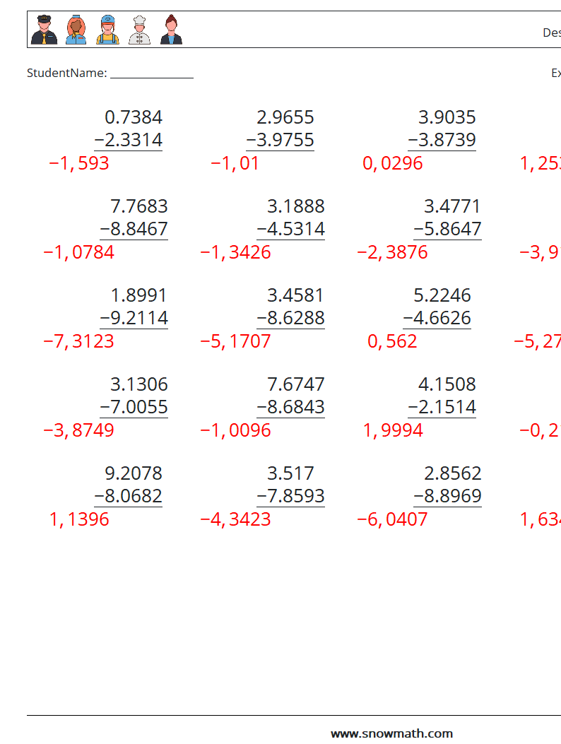 (25) Desimaltrekk (4 siffer) MathWorksheets 15 QuestionAnswer