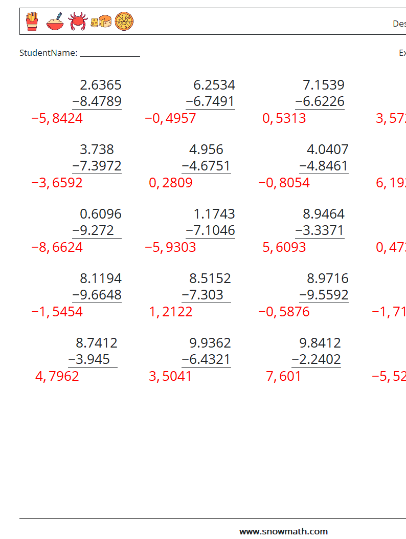 (25) Desimaltrekk (4 siffer) MathWorksheets 16 QuestionAnswer