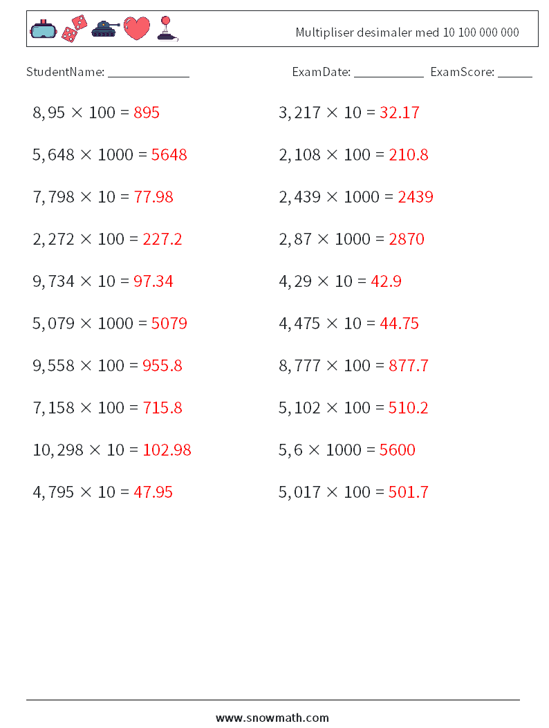 Multipliser desimaler med 10 100 000 000 MathWorksheets 11 QuestionAnswer