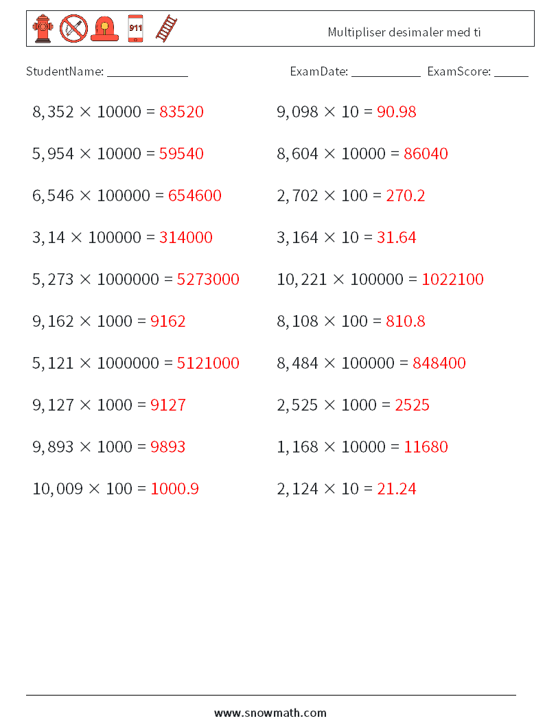 Multipliser desimaler med ti MathWorksheets 14 QuestionAnswer