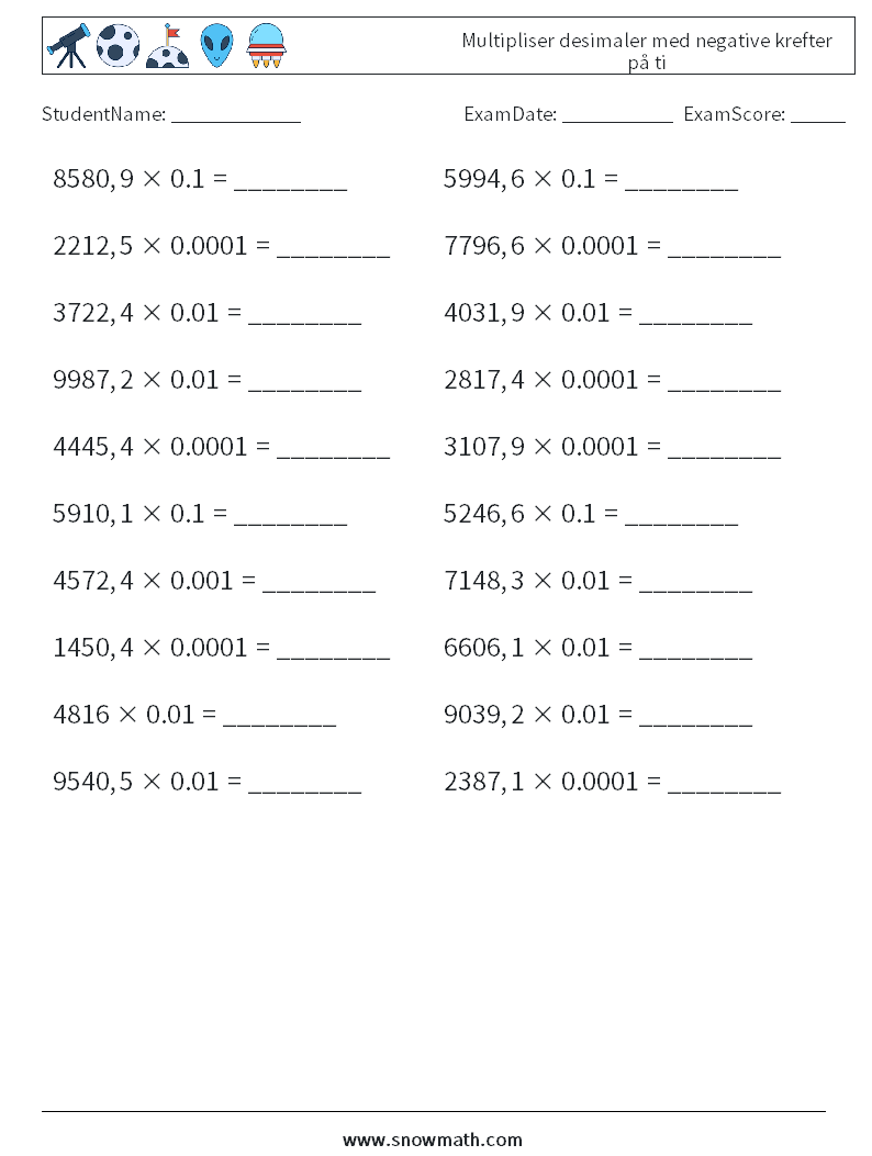 Multipliser desimaler med negative krefter på ti MathWorksheets 3