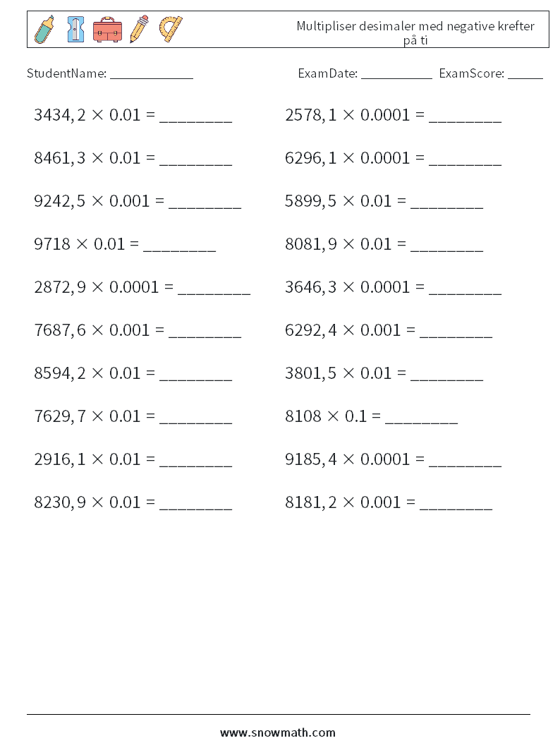 Multipliser desimaler med negative krefter på ti MathWorksheets 4
