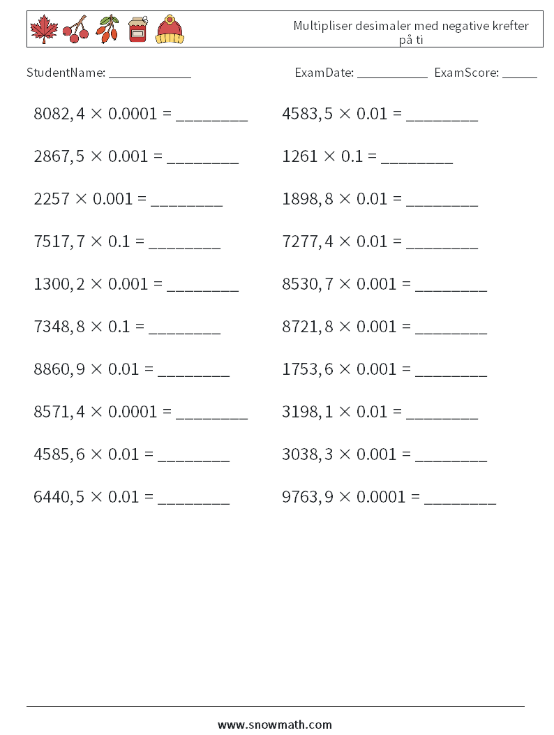 Multipliser desimaler med negative krefter på ti MathWorksheets 6
