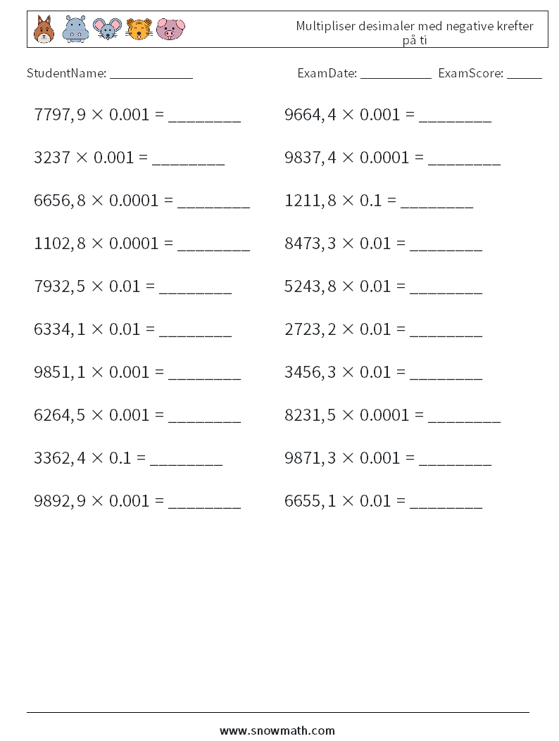 Multipliser desimaler med negative krefter på ti MathWorksheets 8