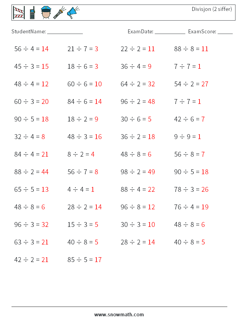 (50) Divisjon (2 siffer) MathWorksheets 1 QuestionAnswer