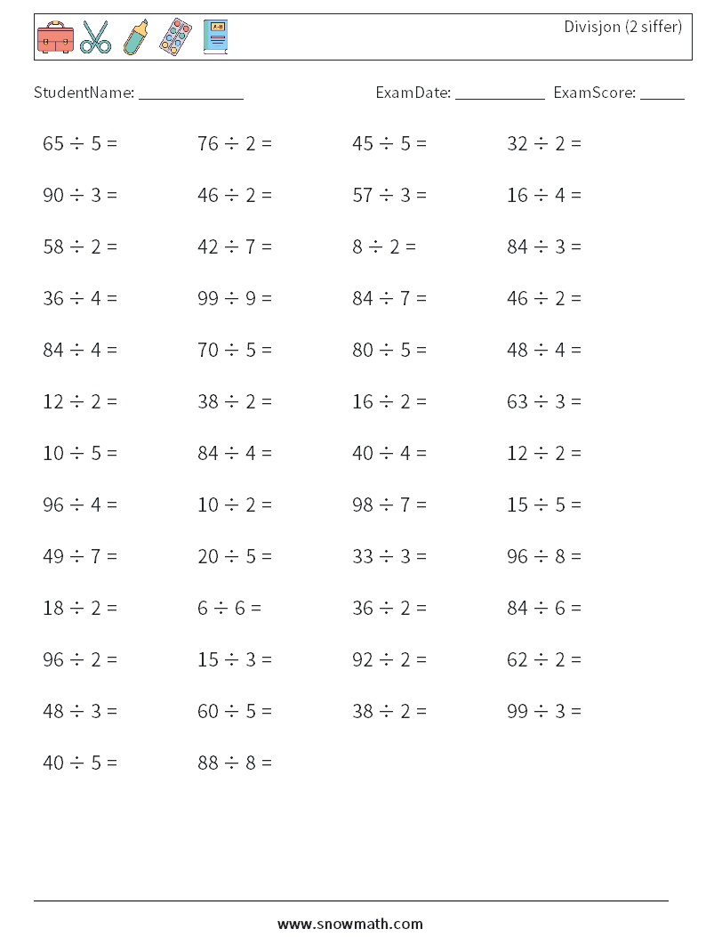 (50) Divisjon (2 siffer) MathWorksheets 2