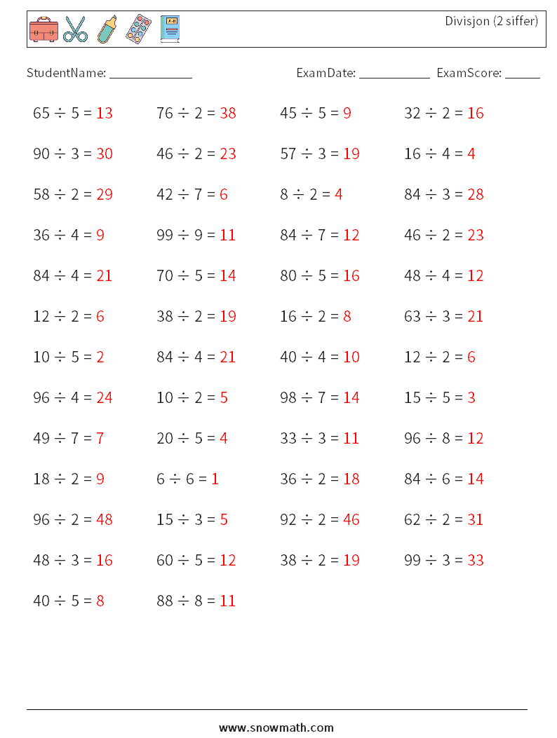 (50) Divisjon (2 siffer) MathWorksheets 2 QuestionAnswer