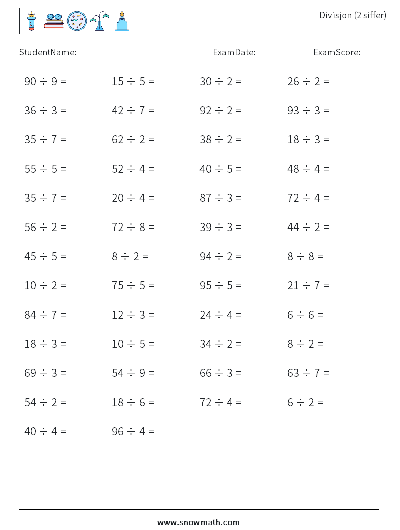 (50) Divisjon (2 siffer) MathWorksheets 3