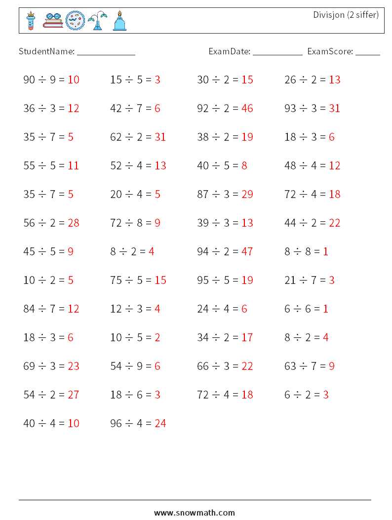 (50) Divisjon (2 siffer) MathWorksheets 3 QuestionAnswer