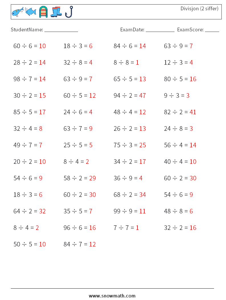 (50) Divisjon (2 siffer) MathWorksheets 4 QuestionAnswer