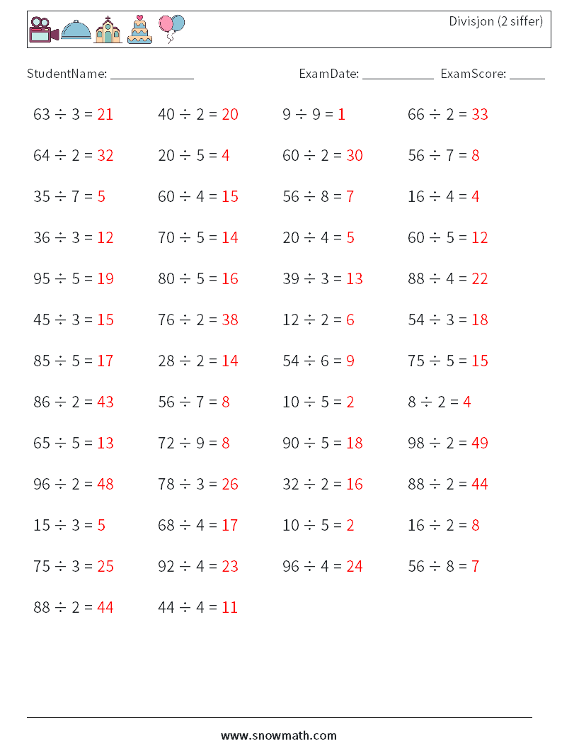 (50) Divisjon (2 siffer) MathWorksheets 5 QuestionAnswer