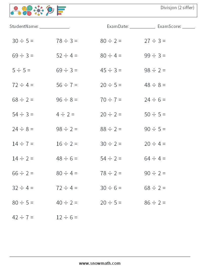 (50) Divisjon (2 siffer) MathWorksheets 6
