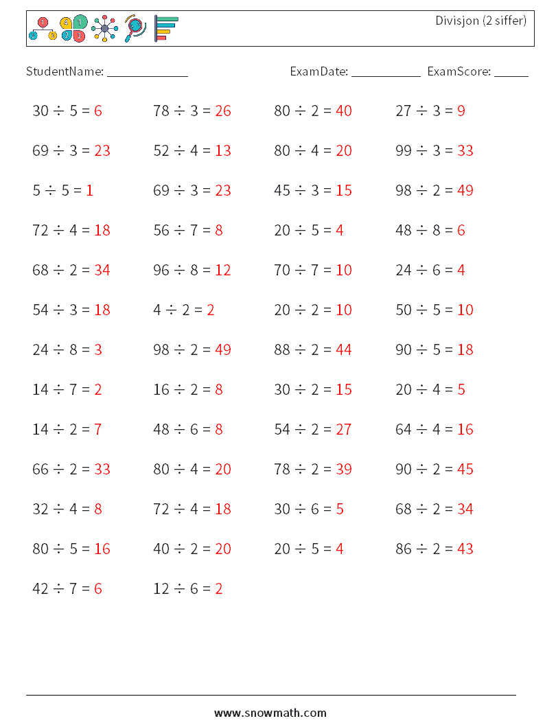 (50) Divisjon (2 siffer) MathWorksheets 6 QuestionAnswer