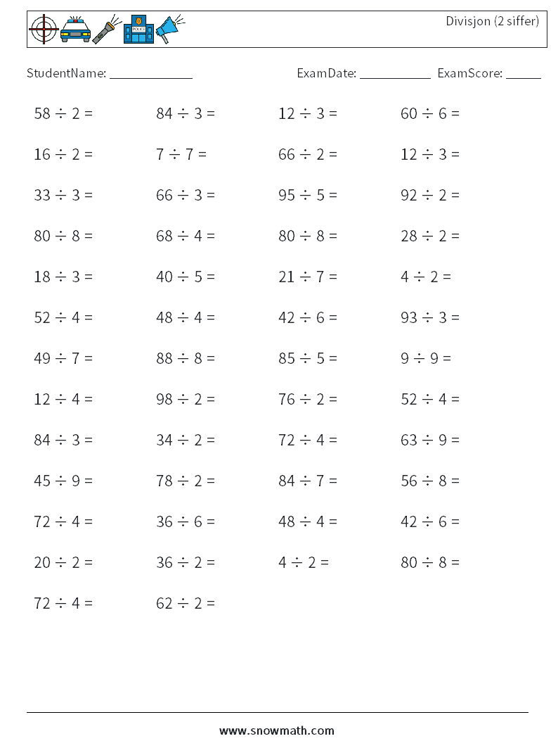 (50) Divisjon (2 siffer) MathWorksheets 7
