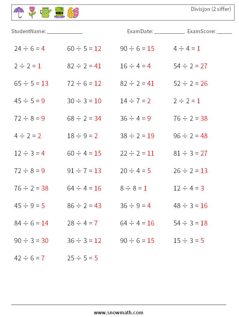 (50) Divisjon (2 siffer) MathWorksheets 8 QuestionAnswer