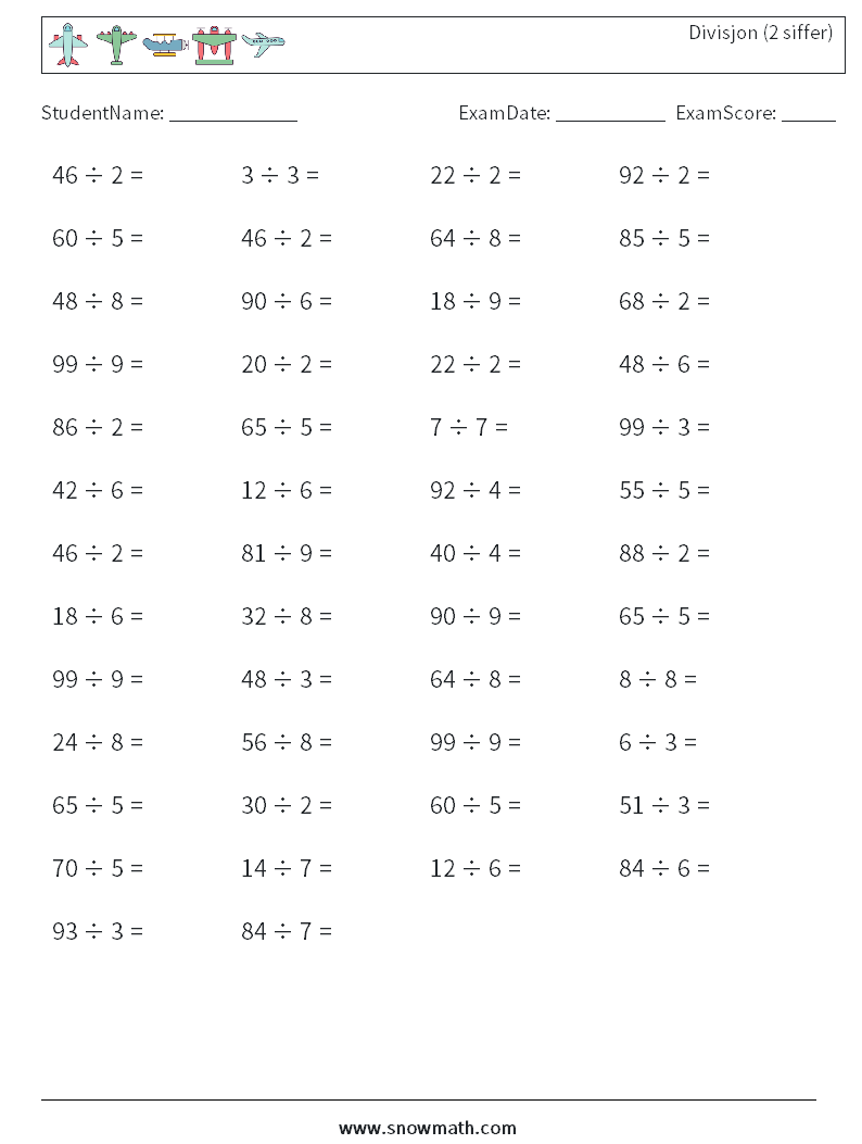 (50) Divisjon (2 siffer) MathWorksheets 9