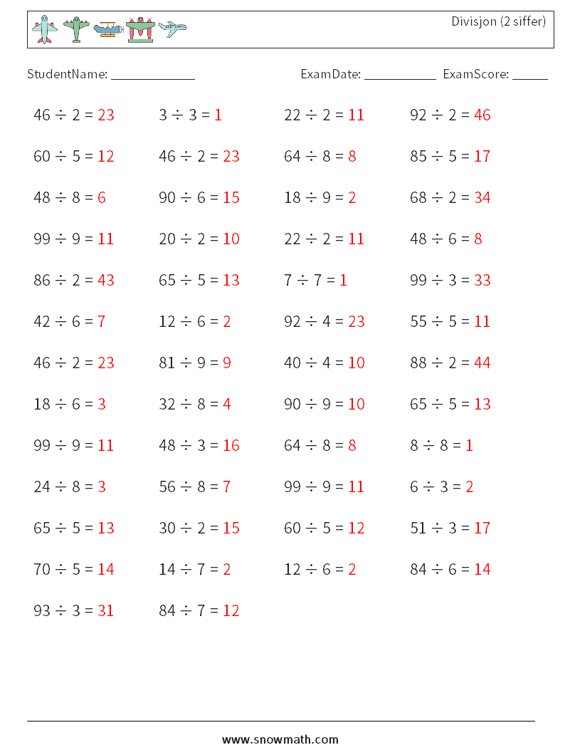 (50) Divisjon (2 siffer) MathWorksheets 9 QuestionAnswer