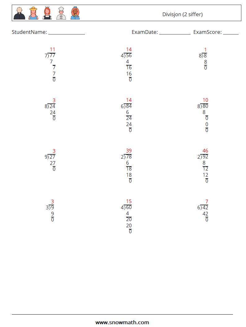 (12) Divisjon (2 siffer) MathWorksheets 10 QuestionAnswer