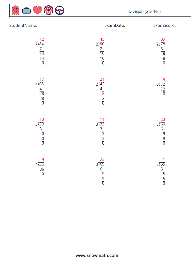 (12) Divisjon (2 siffer) MathWorksheets 11 QuestionAnswer