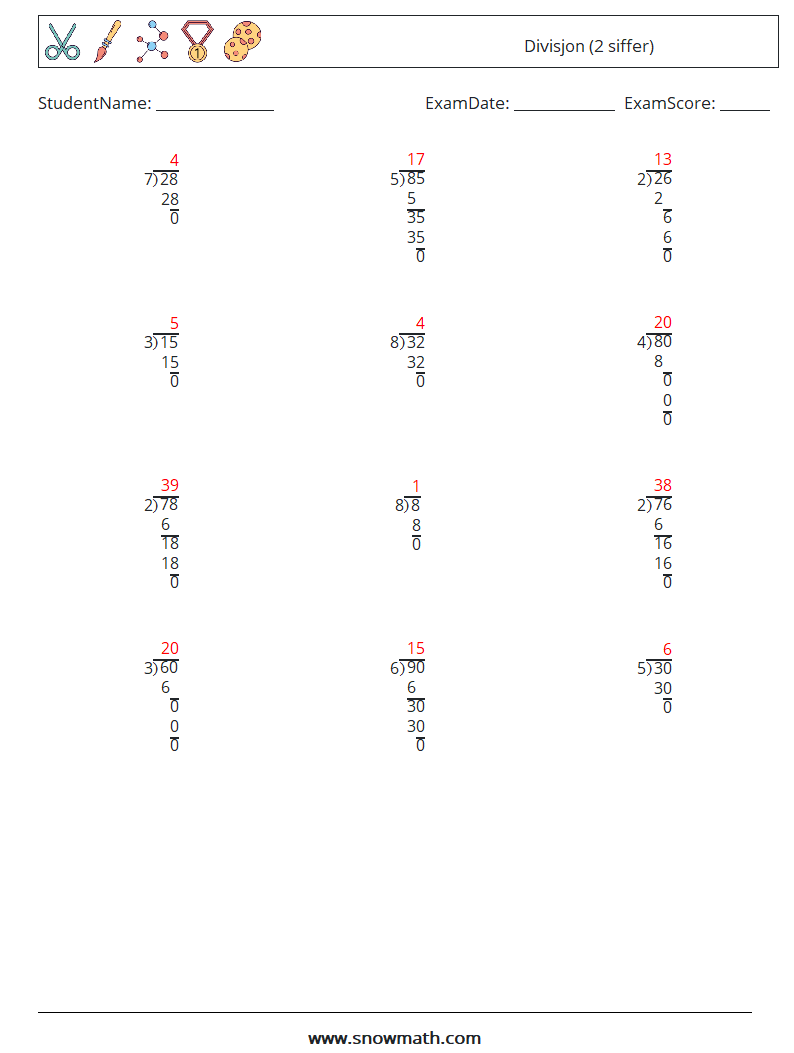 (12) Divisjon (2 siffer) MathWorksheets 12 QuestionAnswer