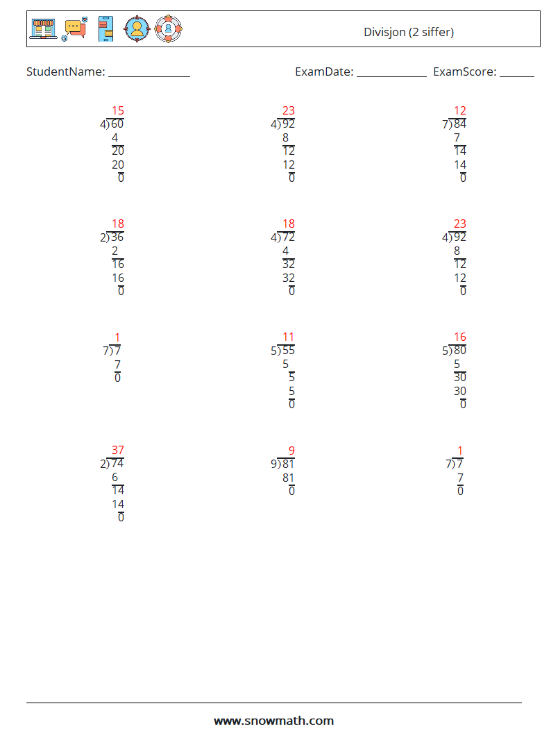 (12) Divisjon (2 siffer) MathWorksheets 13 QuestionAnswer