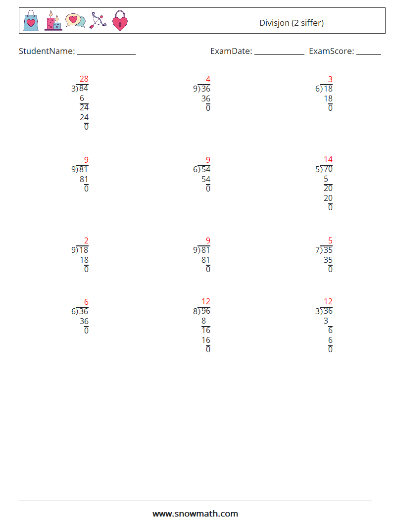 (12) Divisjon (2 siffer) MathWorksheets 15 QuestionAnswer