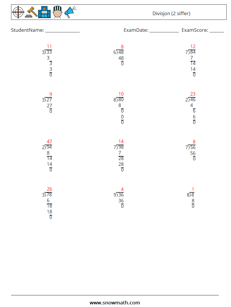 (12) Divisjon (2 siffer) MathWorksheets 16 QuestionAnswer