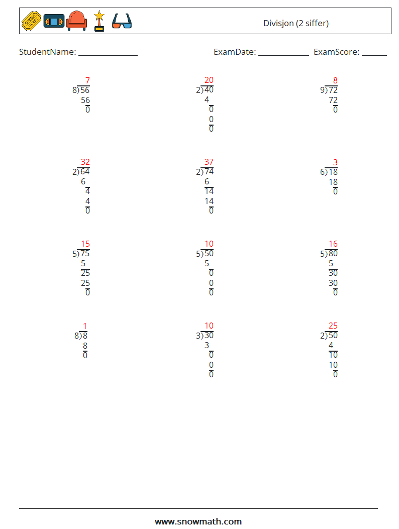 (12) Divisjon (2 siffer) MathWorksheets 17 QuestionAnswer