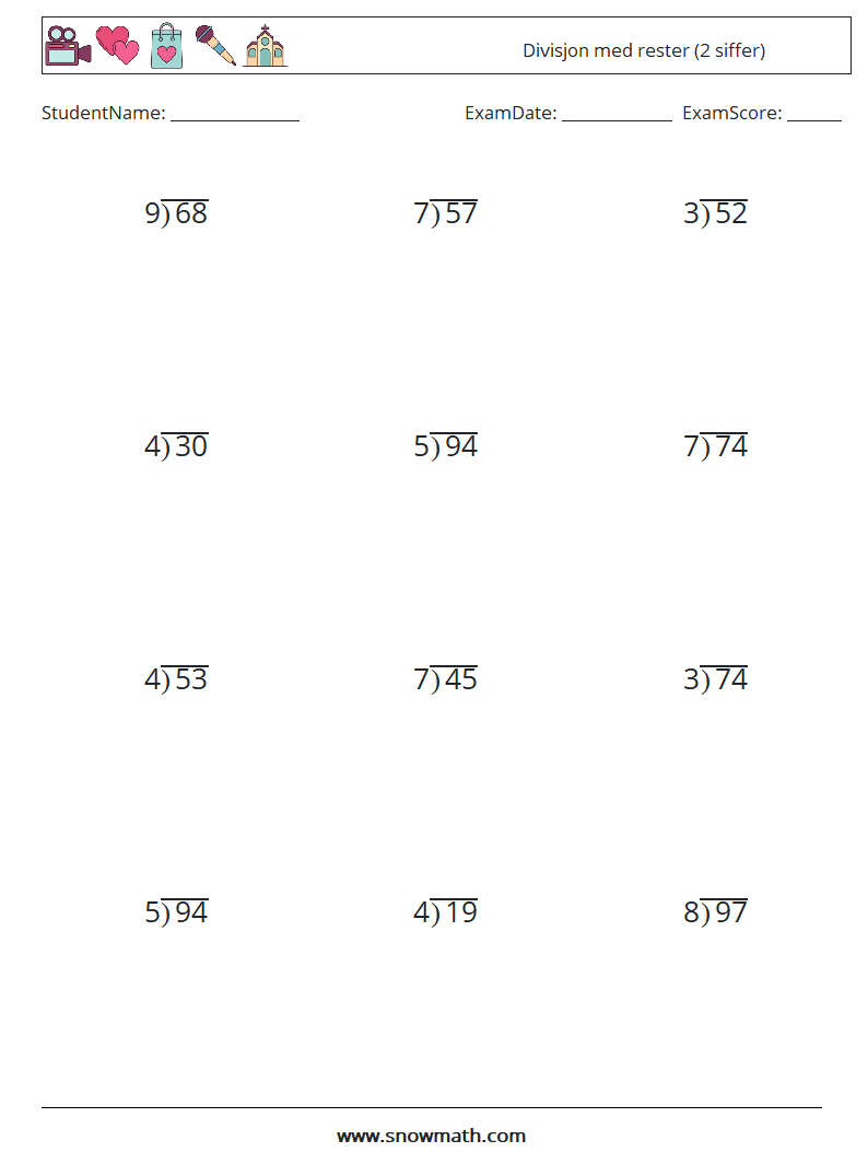 (12) Divisjon med rester (2 siffer) MathWorksheets 10