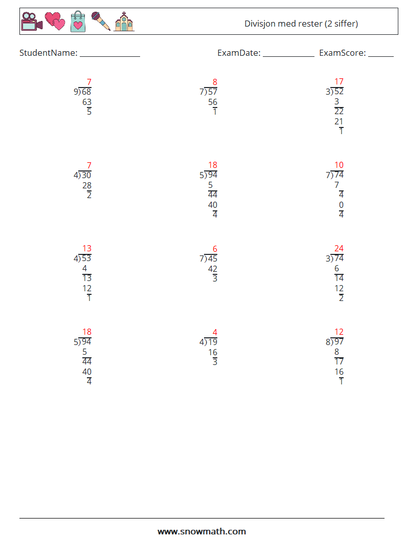 (12) Divisjon med rester (2 siffer) MathWorksheets 10 QuestionAnswer