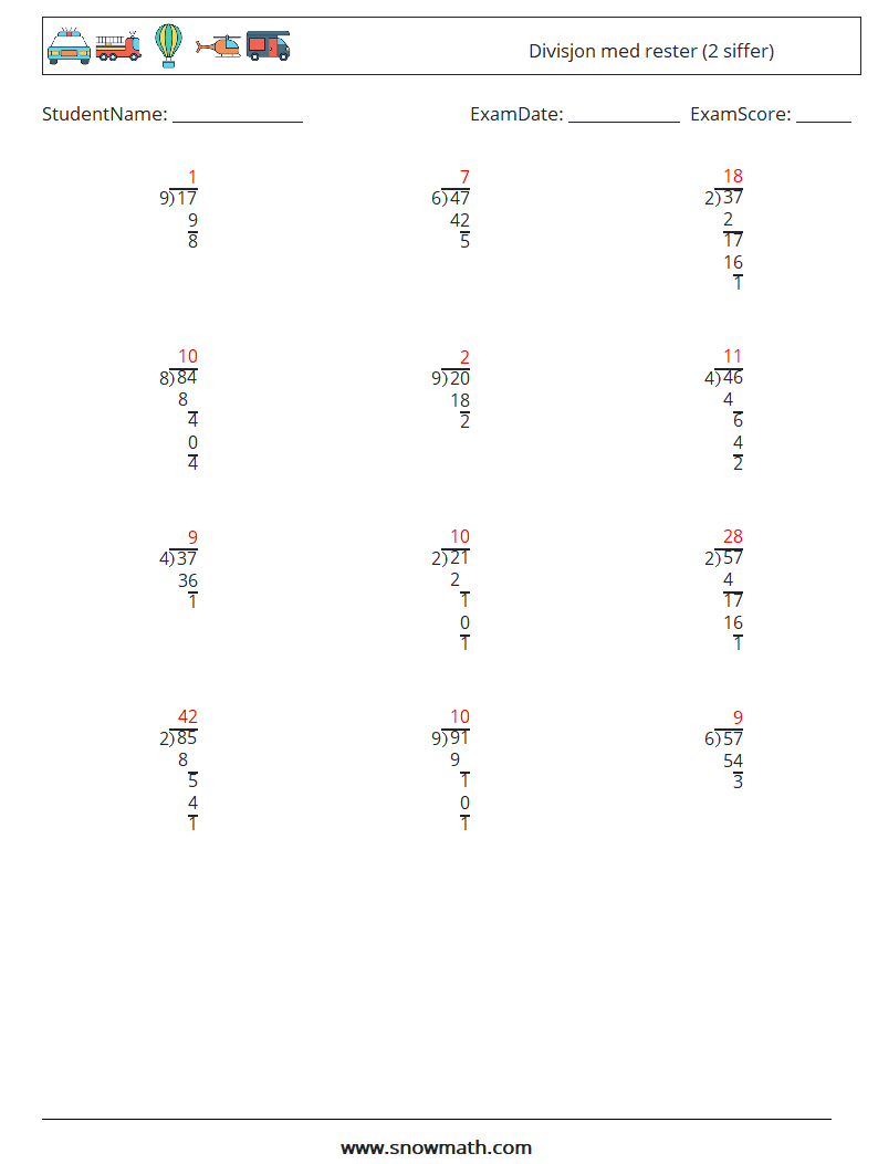 (12) Divisjon med rester (2 siffer) MathWorksheets 11 QuestionAnswer