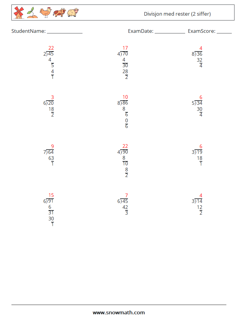 (12) Divisjon med rester (2 siffer) MathWorksheets 12 QuestionAnswer