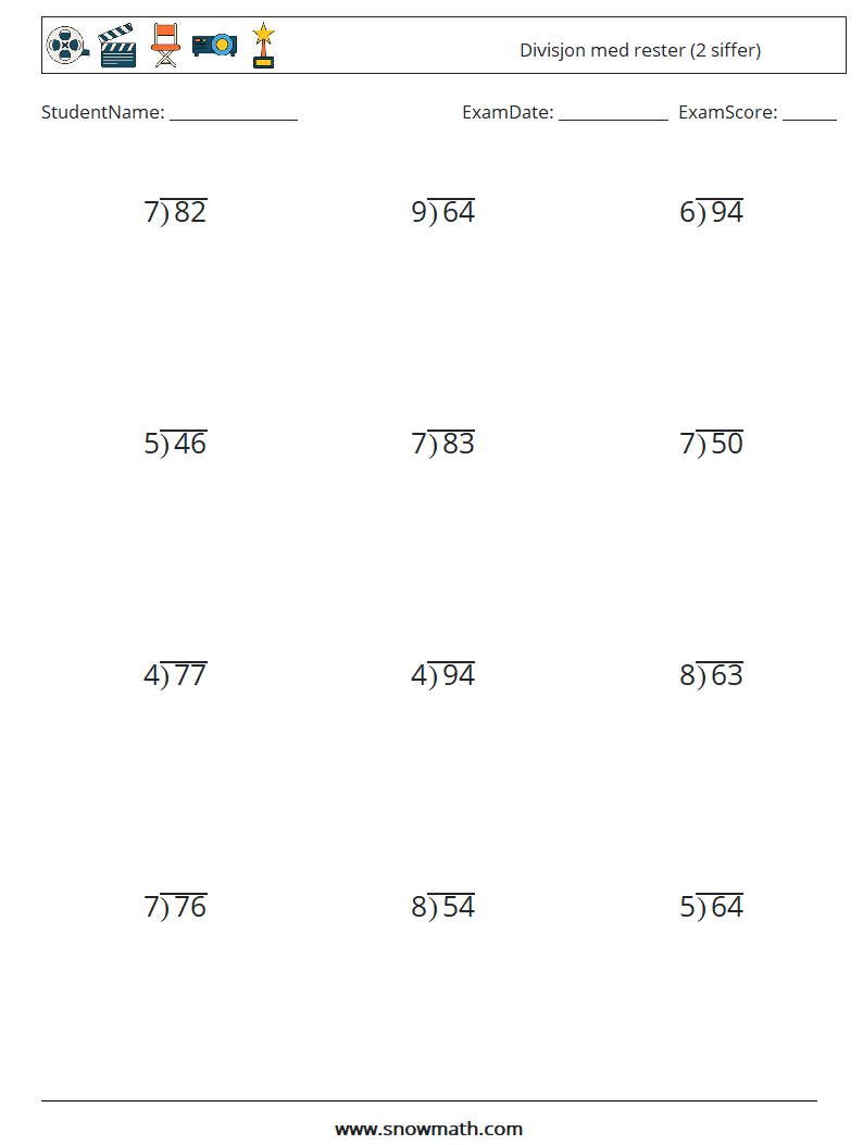 (12) Divisjon med rester (2 siffer) MathWorksheets 13
