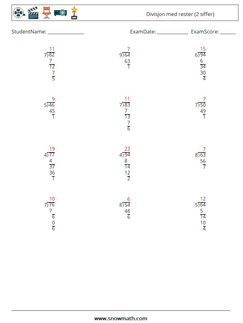 (12) Divisjon med rester (2 siffer) MathWorksheets 13 QuestionAnswer
