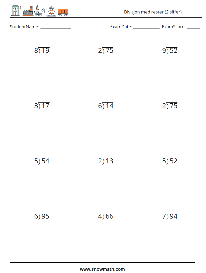 (12) Divisjon med rester (2 siffer) MathWorksheets 14