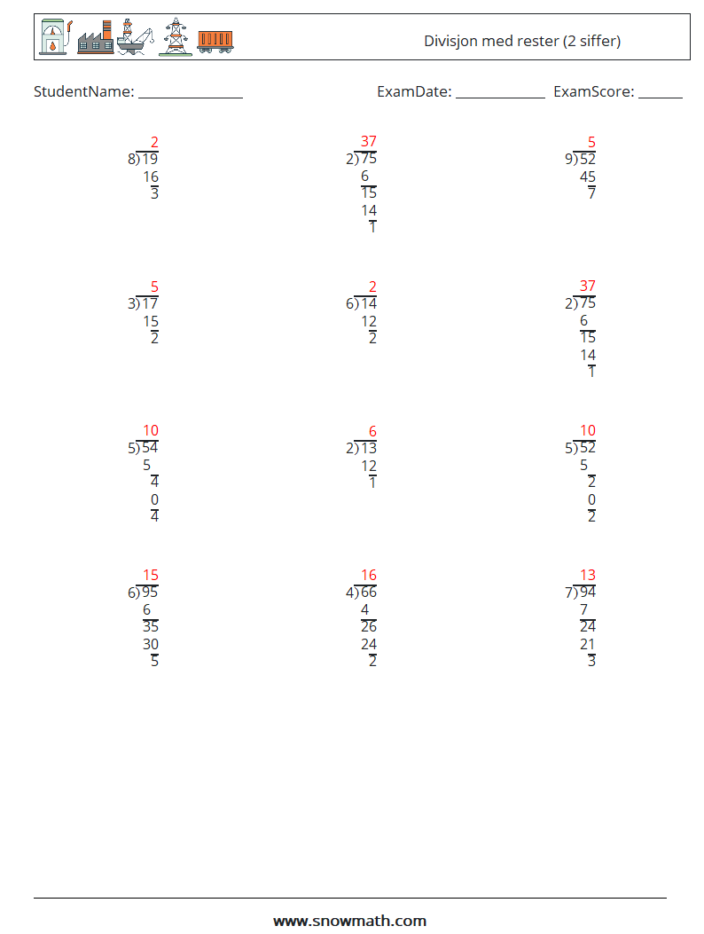 (12) Divisjon med rester (2 siffer) MathWorksheets 14 QuestionAnswer