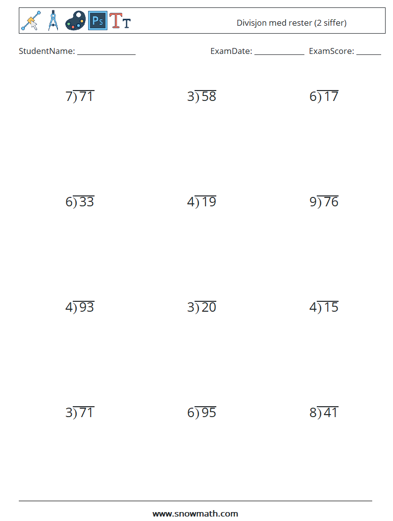 (12) Divisjon med rester (2 siffer) MathWorksheets 15