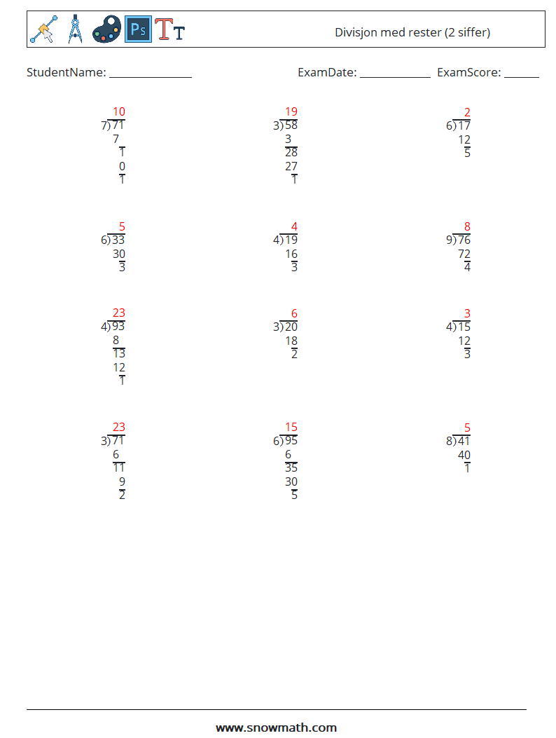 (12) Divisjon med rester (2 siffer) MathWorksheets 15 QuestionAnswer