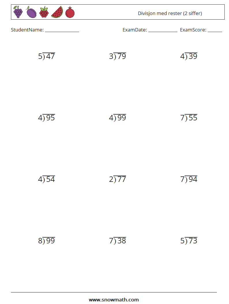 (12) Divisjon med rester (2 siffer) MathWorksheets 16