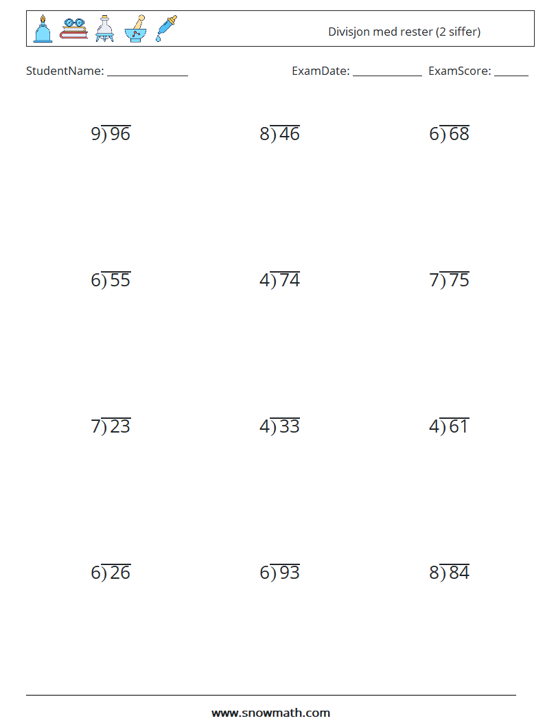 (12) Divisjon med rester (2 siffer) MathWorksheets 17