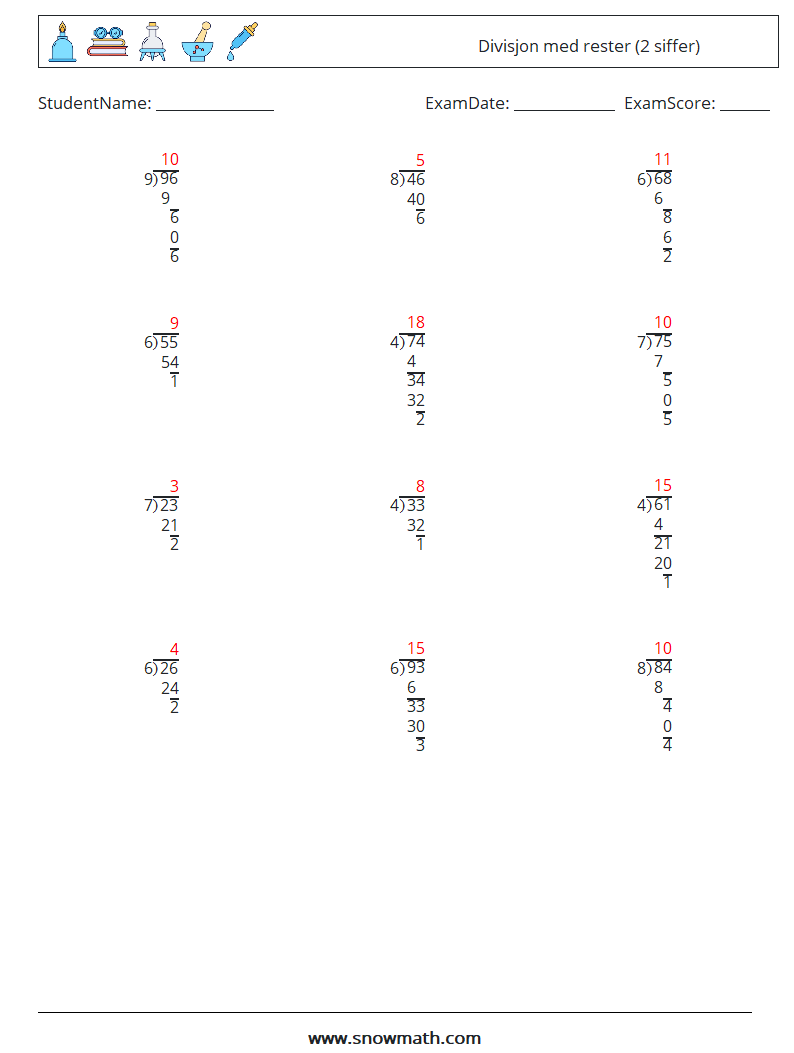 (12) Divisjon med rester (2 siffer) MathWorksheets 17 QuestionAnswer