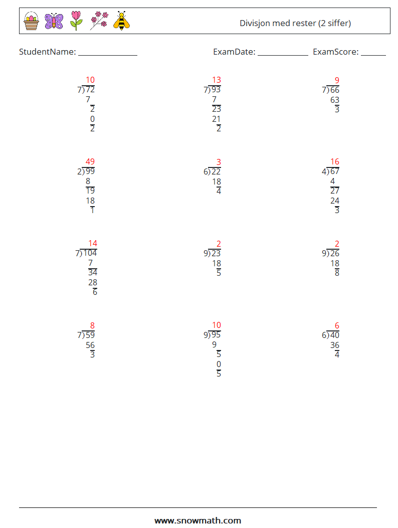 (12) Divisjon med rester (2 siffer) MathWorksheets 18 QuestionAnswer