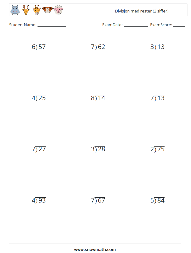 (12) Divisjon med rester (2 siffer) MathWorksheets 2